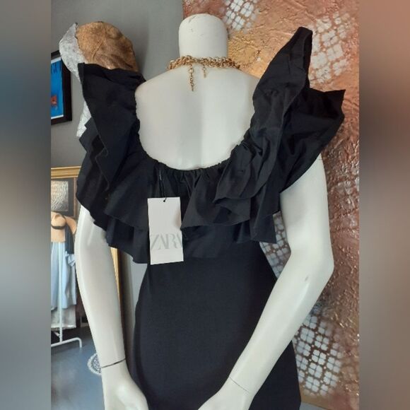 Zara NWT 100% Cotton Elegant Black Ruffled Mini Dress - Picture 3 of 10